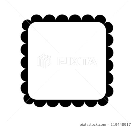 Scalloped edge square frame. Simple rectangle scalloped border. Fabric lace pattern frame. Repeat cute vintage frill ornament. Texture ribbon. Vector illustration isolated on white background Scalloped edge square frame. Simple rectangle scalloped border. Fabric lace pattern frame. Repeat cute vintage frill ornament. Texture ribbon. Vector illustration isolated on white background 119448917