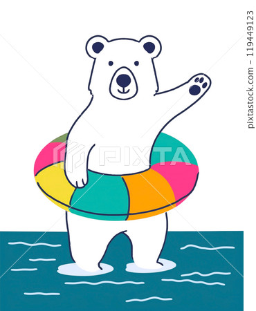 北極熊的手繪插圖，穿著彩色漂浮物，白色背景上的剪紙 119449123
