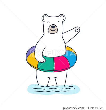 Hand-drawn illustration of a polar bear wearing a colorful swim ring, cut out on white background 119449125