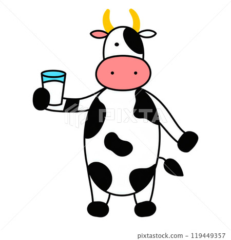 Illustration of a black and white cow character drinking milk, cut out on white background 119449357
