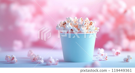 Minimalistic popcorn bucket on pink background for design and decoration 119449361