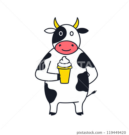 Illustration of a black and white cow character eating ice cream, cut out on white background Illustration of a black and white cow character eating ice cream, cut out on white background 119449420
