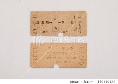 Showa era national railway ticket, hard ticket, ticket issued at Ominato Station in 1968, front and back of ticket document Showa era national railway ticket, hard ticket, ticket issued at Ominato Station in 1968, front and back of ticket document 119449428