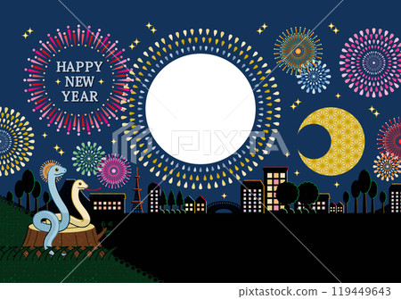Year of the Snake illustration New Year's card design "Fireworks display/fireworks viewing frame" HAPPY NEW YEAR 119449643