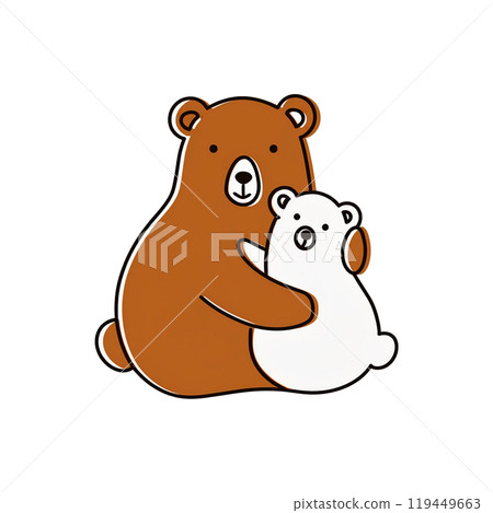超現實的手繪插圖，一隻棕熊擁抱一隻北極熊，白色背景上的剪紙 119449663