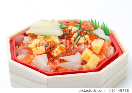 Seafood, Sashimi, Topping, Fish and shellfish, Seafood bowl, Japanese food, Cooking, Rice bowl, Sushi, Tuna, Salmon 119449718