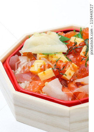Seafood, Sashimi, Topping, Fish and shellfish, Seafood bowl, Japanese food, Cooking, Rice bowl, Sushi, Tuna, Salmon Seafood, Sashimi, Topping, Fish and shellfish, Seafood bowl, Japanese food, Cooking, Rice bowl, Sushi, Tuna, Salmon 119449727
