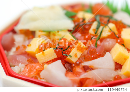 Seafood, Sashimi, Topping, Fish and shellfish, Seafood bowl, Japanese food, Cooking, Rice bowl, Sushi, Tuna, Salmon Seafood, Sashimi, Topping, Fish and shellfish, Seafood bowl, Japanese food, Cooking, Rice bowl, Sushi, Tuna, Salmon 119449734