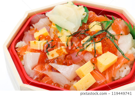 Seafood, Sashimi, Topping, Fish and shellfish, Seafood bowl, Japanese food, Cooking, Rice bowl, Sushi, Tuna, Salmon 119449741