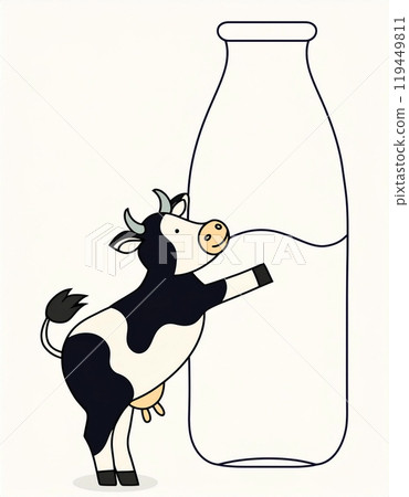 Surreal hand-drawn illustration of a black and white cow character hugging a giant milk bottle on an off-white background 119449811
