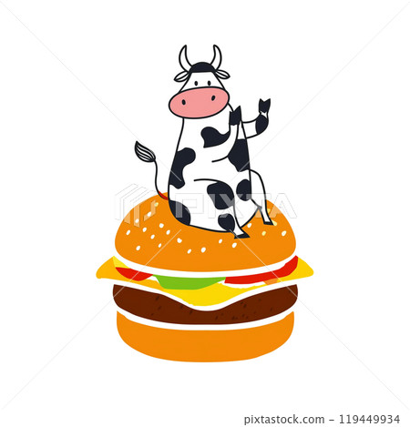 Surreal hand drawn illustration of a black and white cow character sitting on a burger, cut out on white background 119449934