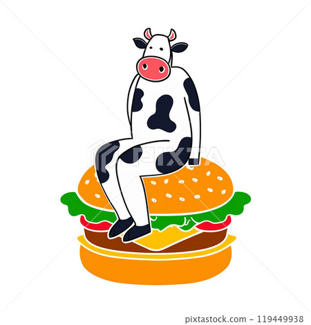Surreal hand drawn illustration of a black and white cow character sitting on a burger, cut out on white background Surreal hand drawn illustration of a black and white cow character sitting on a burger, cut out on white background 119449938