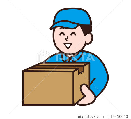 A man in work clothes carrying cardboard boxes 119450040