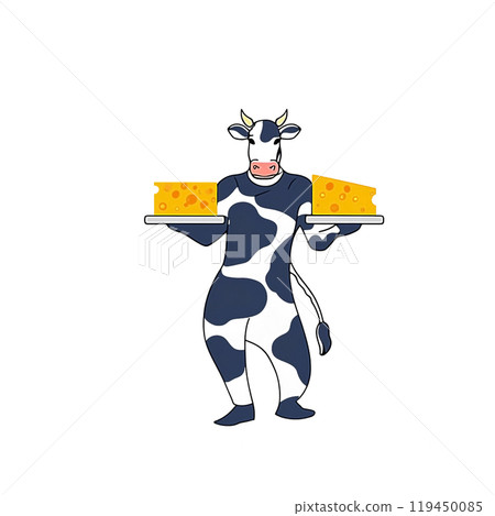 Surreal hand-drawn illustration of a black and white cow character holding cheese, cut out on white background 119450085