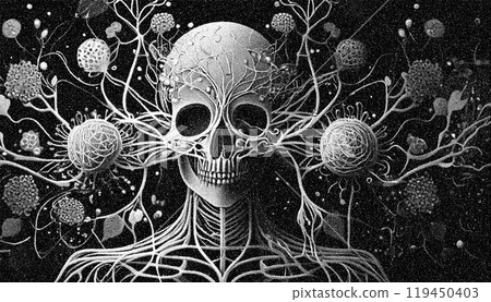 骨骼和癌細胞的黑白插圖 骨骼和癌細胞的黑白插圖 119450403