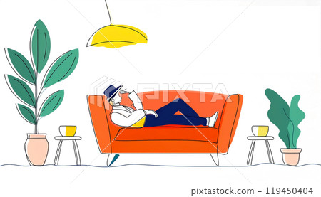 手繪插畫,描繪了一位英國紳士以慵懶的姿勢躺在時尚客廳的沙發上,白色背景上的剪紙 手繪插畫,描繪了一位英國紳士以慵懶的姿勢躺在時尚客廳的沙發上,白色背景上的剪紙 119450404