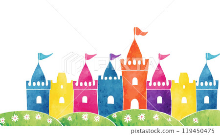童話城堡的彩色剪影的插圖，白色背景上的切口 119450475