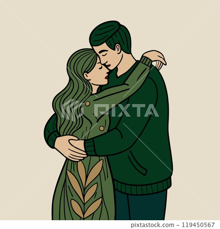 Romantic embrace illustration in vintage style depicting couple in warm autumn hues, AI Generative 119450567