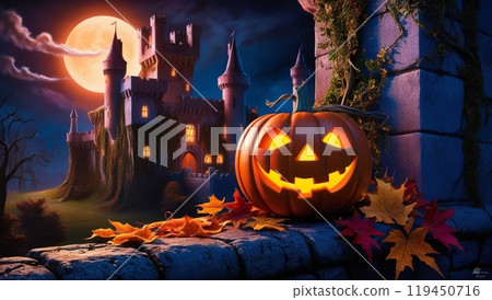 萬聖節南瓜、城堡和月亮 119450716