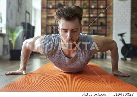 Man doing push-ups on orange yoga mat at home. AI-generated item 119450828