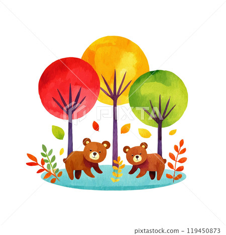 一隻可愛的小熊住在秋季森林裡的插圖,白色背景上的剪紙 一隻可愛的小熊住在秋季森林裡的插圖,白色背景上的剪紙 119450873