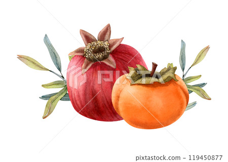 Pomegranate, persimmon with green leaves watercolor isolated illustration. Whole fruit botanical clipart for fall designs. Hand drawn detailed and realistic fall sketch in orange and red colors 119450877
