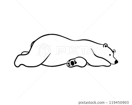 Hand-drawn illustration of a polar bear lying down in a sloppy pose, cut out on a white background 119450903