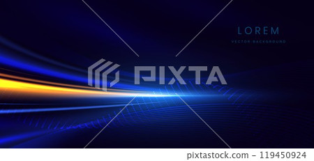 Abstract blue glowing rayn and dot lines curved on dark background. 119450924