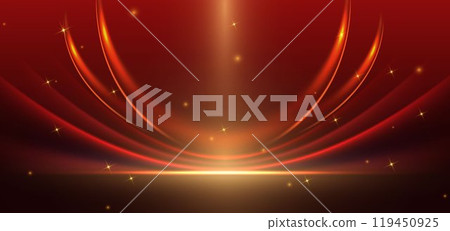 Abstract elegant red curved ray with gold lighting effect sparkle on dark red background. Template premium award design. 119450925