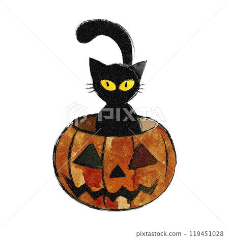 Illustration of a black cat peeking out of a Halloween jack-o'-lantern, cut out on a white background 119451028