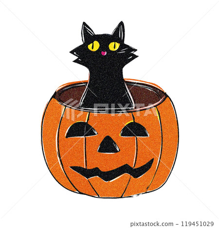 Illustration of a black cat peeking out of a Halloween jack-o'-lantern, cut out on a white background Illustration of a black cat peeking out of a Halloween jack-o'-lantern, cut out on a white background 119451029