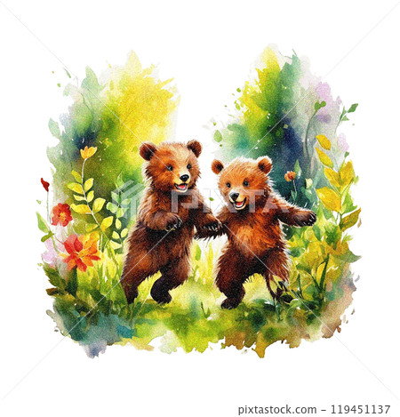 Watercolor illustration of a cute brown bear cub playing in a spring park, cut out on white background 119451137