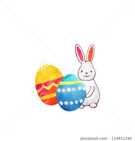白兔和彩色復活節彩蛋的插圖，白色背景上的切口 119451240
