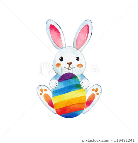 白兔和彩色復活節彩蛋的插圖,白色背景上的切口 白兔和彩色復活節彩蛋的插圖,白色背景上的切口 119451241