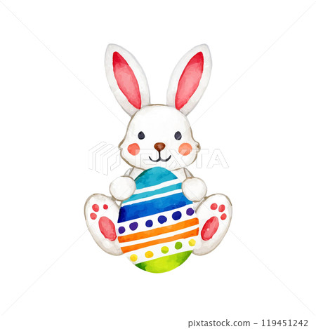 白兔和彩色復活節彩蛋的插圖，白色背景上的切口 119451242