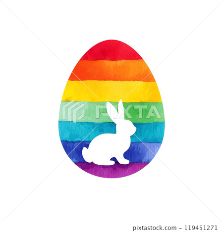 Illustration of a white rabbit silhouette and rainbow colored Easter eggs, cut out on a white background Illustration of a white rabbit silhouette and rainbow colored Easter eggs, cut out on a white background 119451271