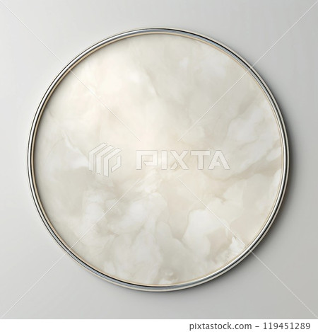 Silver circle frame on white marble background. Square abstract template. AI generated image 119451289