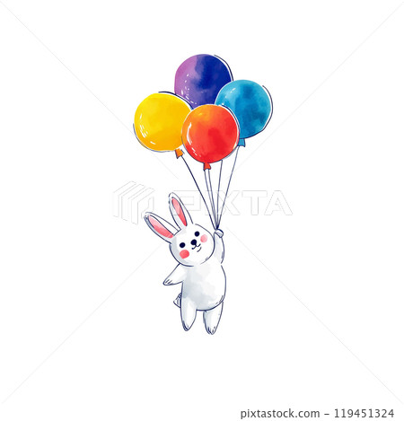 一隻可愛的兔子拿著彩色氣球的插圖，白色背景上的剪紙 119451324