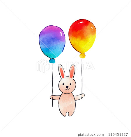 一隻可愛的兔子拿著彩色氣球的插圖,白色背景上的剪紙 一隻可愛的兔子拿著彩色氣球的插圖,白色背景上的剪紙 119451327