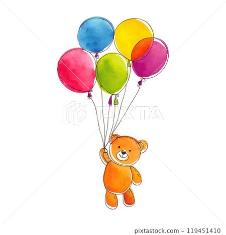 一隻可愛的熊拿著彩色氣球的插圖,白色背景上的剪紙 一隻可愛的熊拿著彩色氣球的插圖,白色背景上的剪紙 119451410