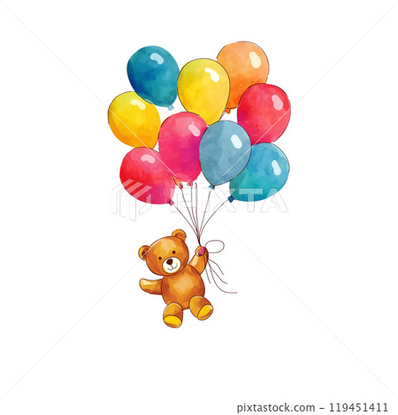 一隻可愛的熊拿著彩色氣球的插圖，白色背景上的剪紙 119451411