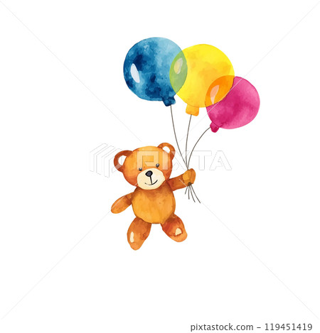 Illustration of a cute bear holding colorful balloons, cut out on white background Illustration of a cute bear holding colorful balloons, cut out on white background 119451419