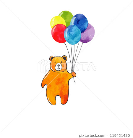 Illustration of a cute bear holding colorful balloons, cut out on white background Illustration of a cute bear holding colorful balloons, cut out on white background 119451420