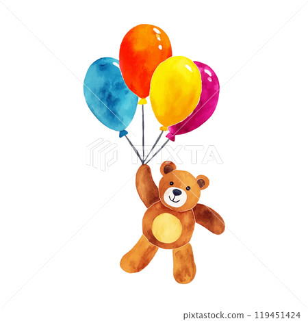 Illustration of a cute bear holding colorful balloons, cut out on white background Illustration of a cute bear holding colorful balloons, cut out on white background 119451424