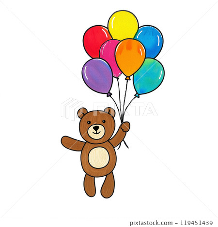 Illustration of a cute bear holding colorful balloons, cut out on white background Illustration of a cute bear holding colorful balloons, cut out on white background 119451439
