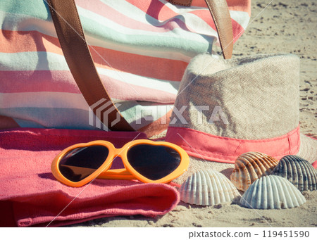Accessories using for relax on beach. Travel and vacation time 119451590