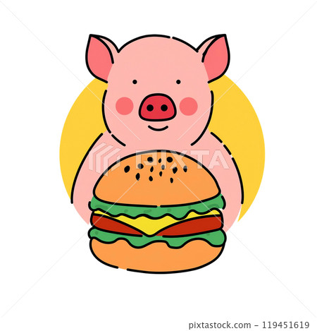 Cheese hamburger and pork icon illustration, cut out on white background Cheese hamburger and pork icon illustration, cut out on white background 119451619