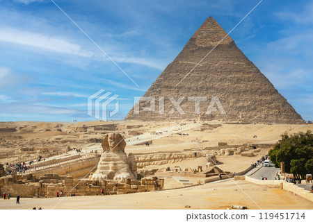The Sphinx and Pyramid against the background of a beautiful blue sky ,Cairo,Egypt 119451714