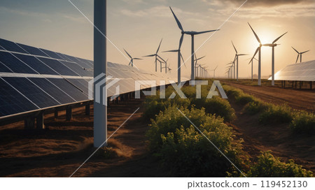 Solar panels and wind power generation equipment, green energy concept 119452130
