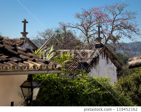 Traditional Church Rooftops with Crosses and Blossoming Tree 119452162